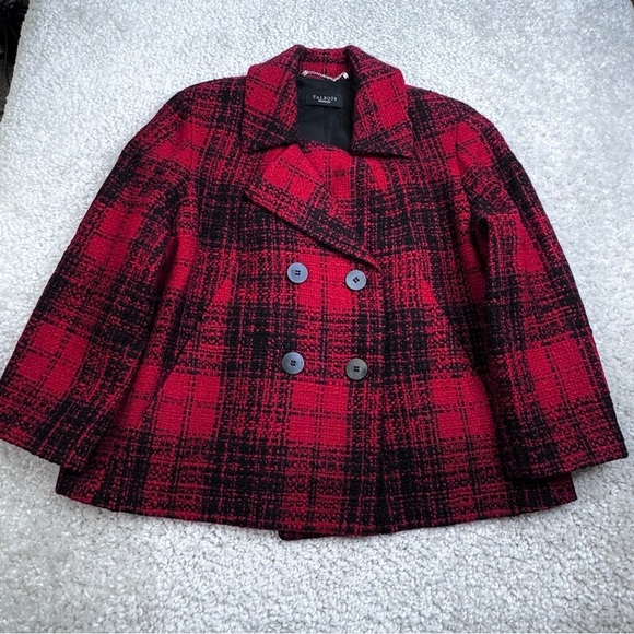 Talbots Tweed Jacket Pea Coat Red Black Buffalo Checked Plaid. Wool Blend. 14 - Picture 1 of 10